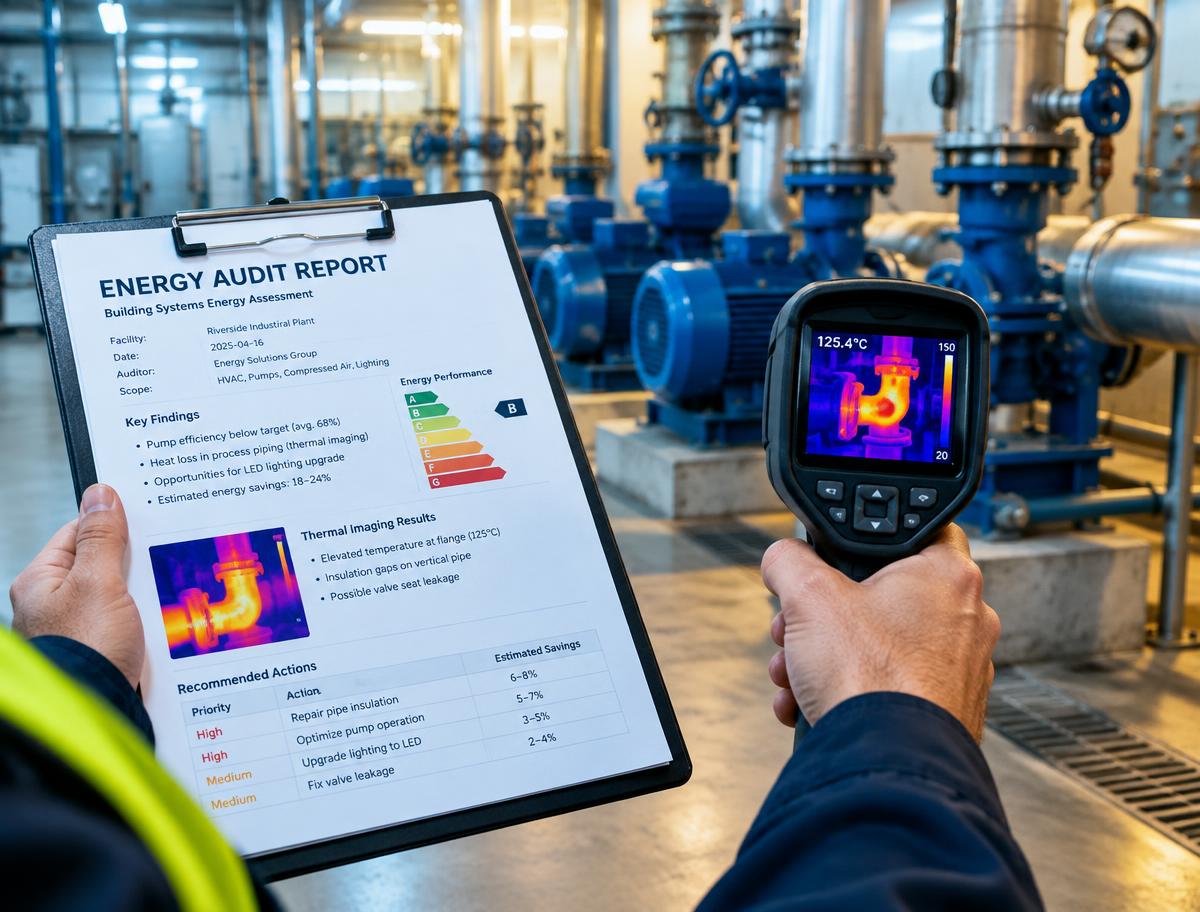 Energy engineer reviewing an energy audit report with a thermal imaging camera in a plant room