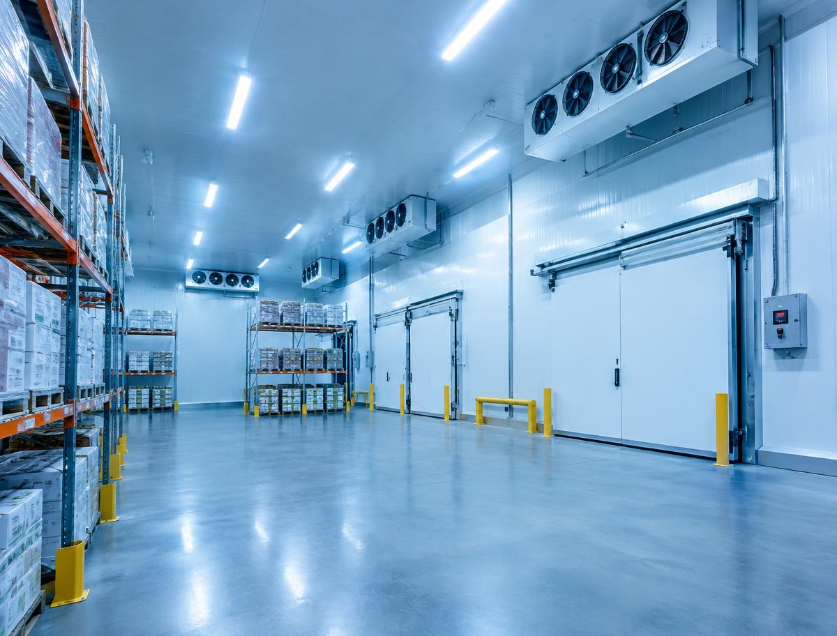 Cold store warehouse with refrigeration units and efficient LED lighting