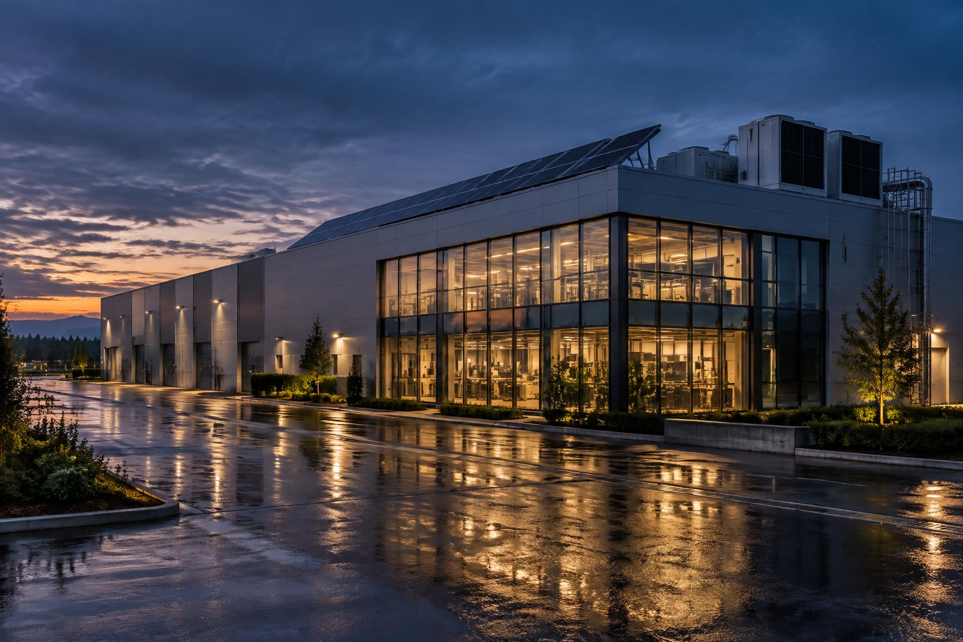 Modern Irish manufacturing facility with rooftop solar panels and heat pumps at dusk